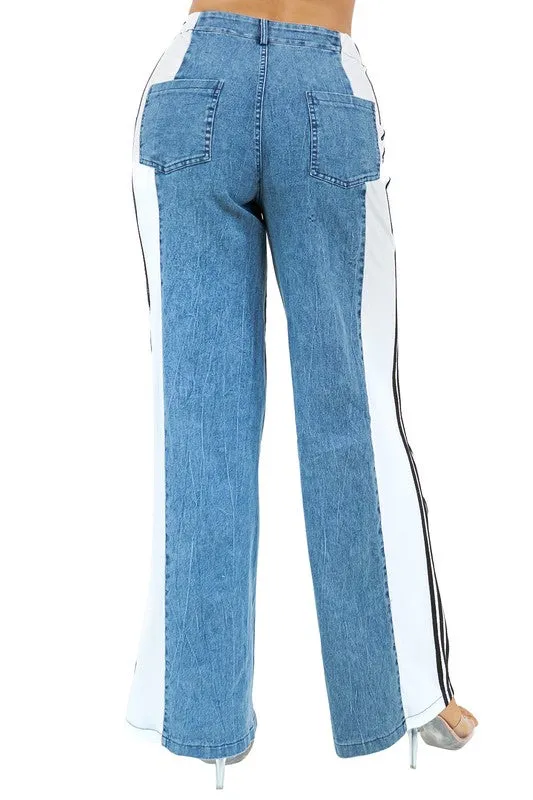 Blue Wide Leg Denim with Three Stripes