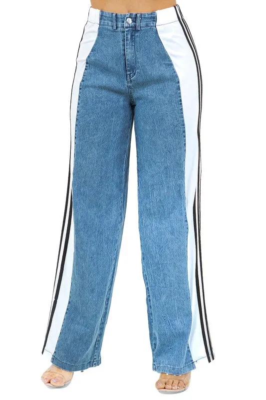 Blue Wide Leg Denim with Three Stripes