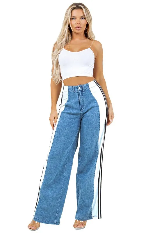 Blue Wide Leg Denim with Three Stripes