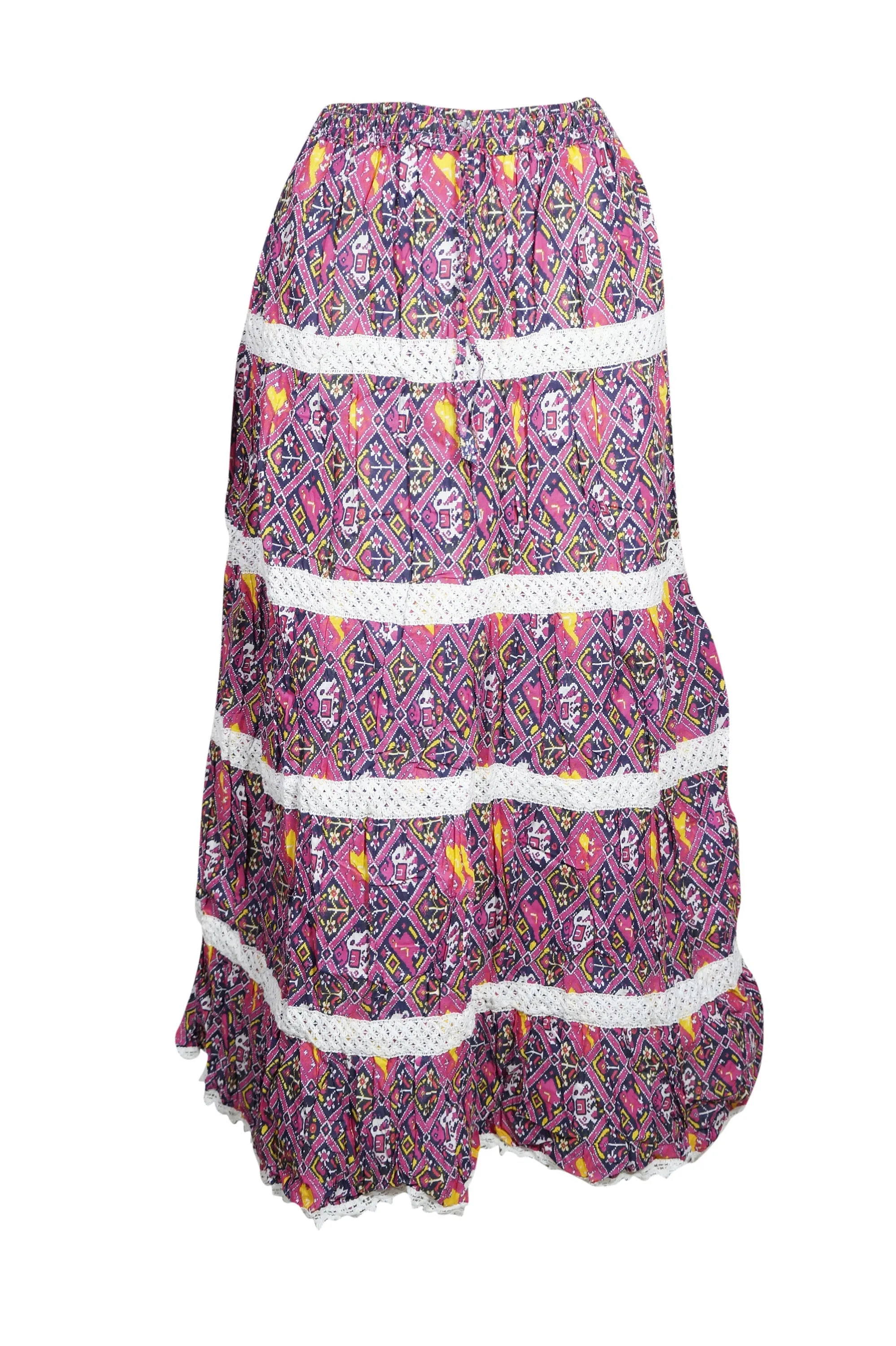 Bohemian Boho Chic Maxi Skirt, Pink Blue Printed S/M