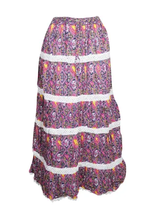 Bohemian Boho Chic Maxi Skirt, Pink Blue Printed S/M