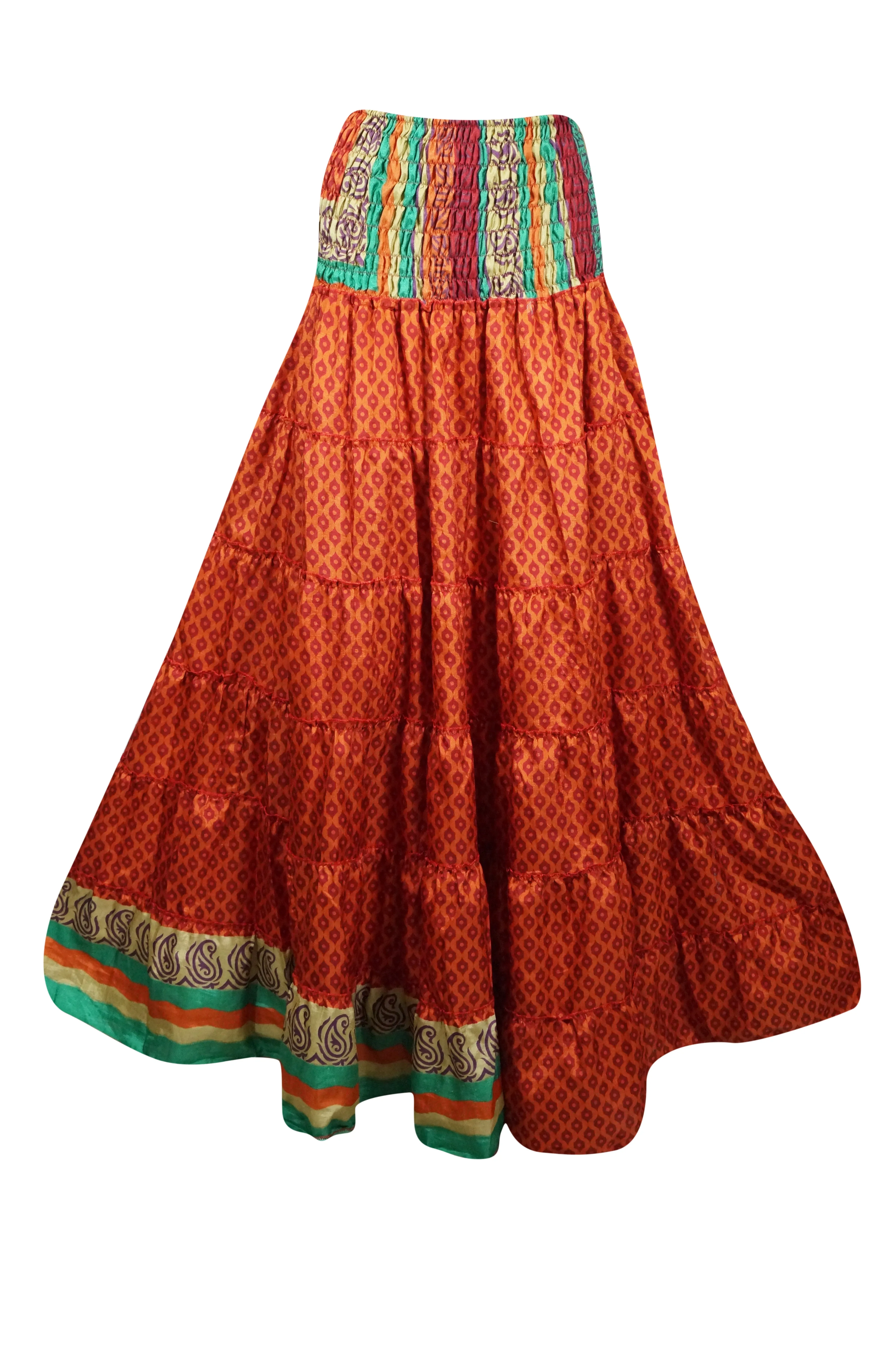 Bohemian Orange Floral Beach Maxi Skirt Stylish Boho Skirt Dress S/M