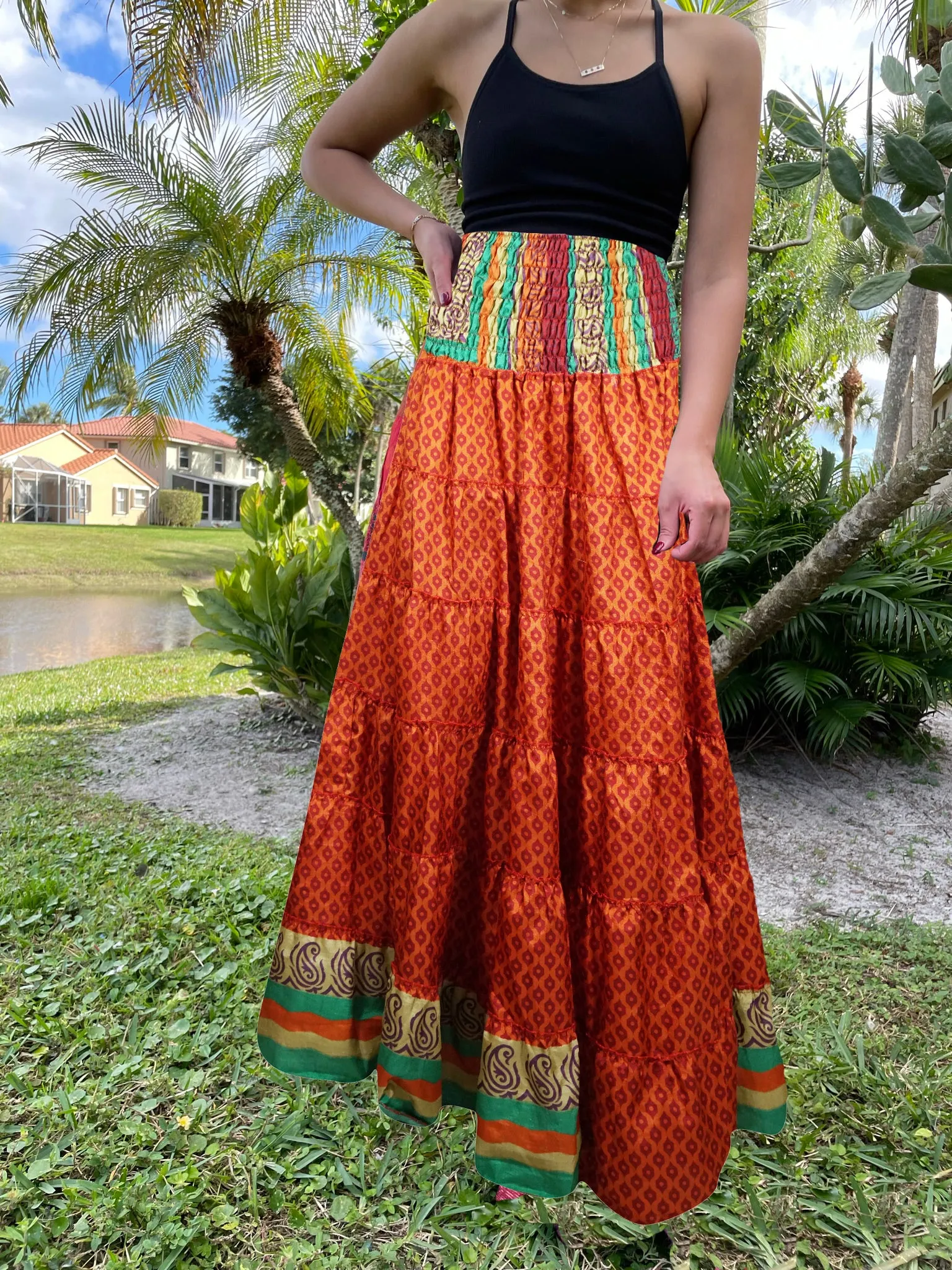 Bohemian Orange Floral Beach Maxi Skirt Stylish Boho Skirt Dress S/M