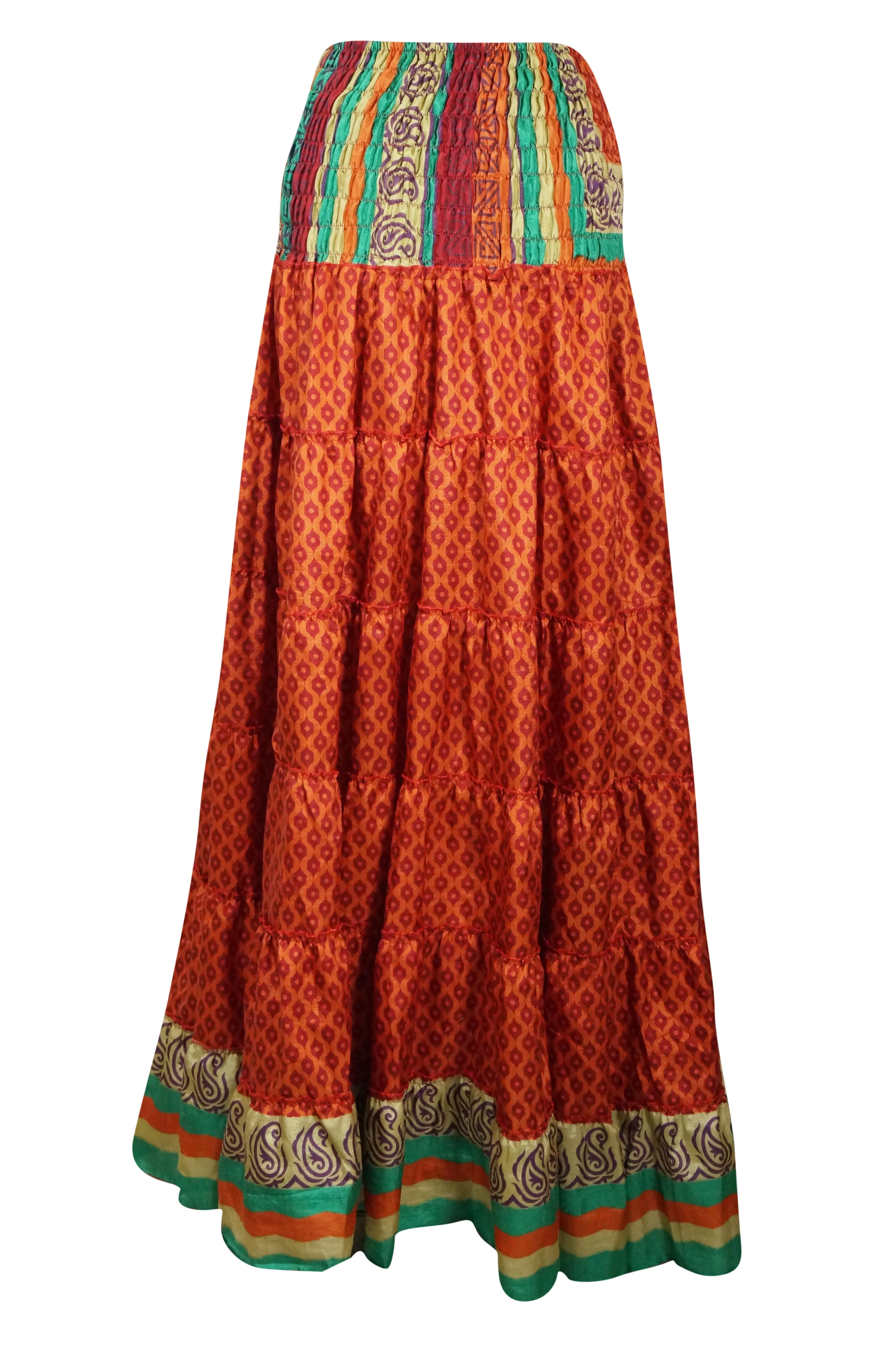 Bohemian Orange Floral Beach Maxi Skirt Stylish Boho Skirt Dress S/M