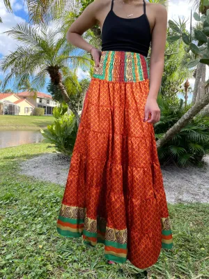 Bohemian Orange Floral Beach Maxi Skirt Stylish Boho Skirt Dress S/M