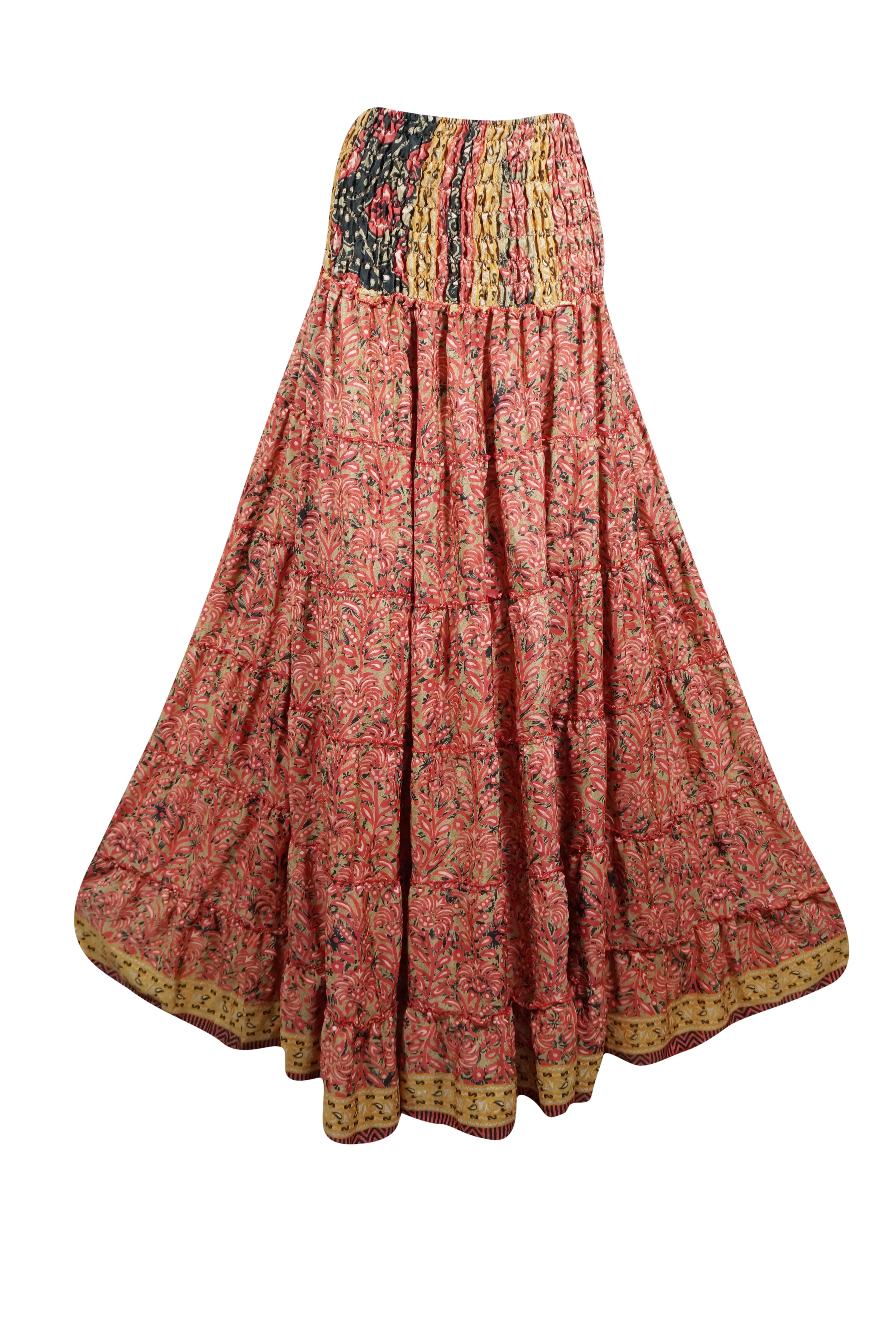 Bohemian Orange Floral Summer Beach Maxi Skirt Stylish Boho Skirt Dress S/M