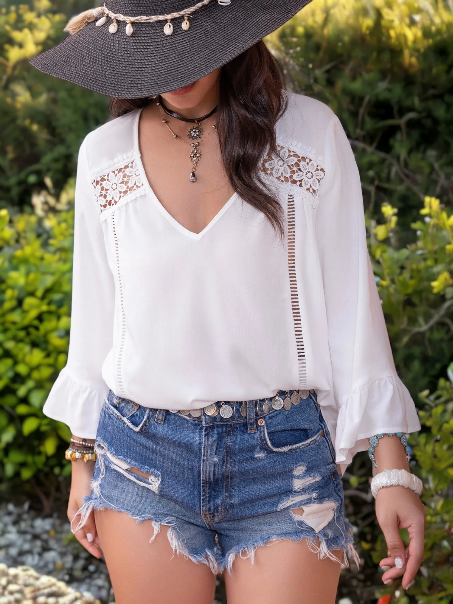 Bohemian Styled V-Neck Long Ruffled Flare Sleeved Lace Detailed Top