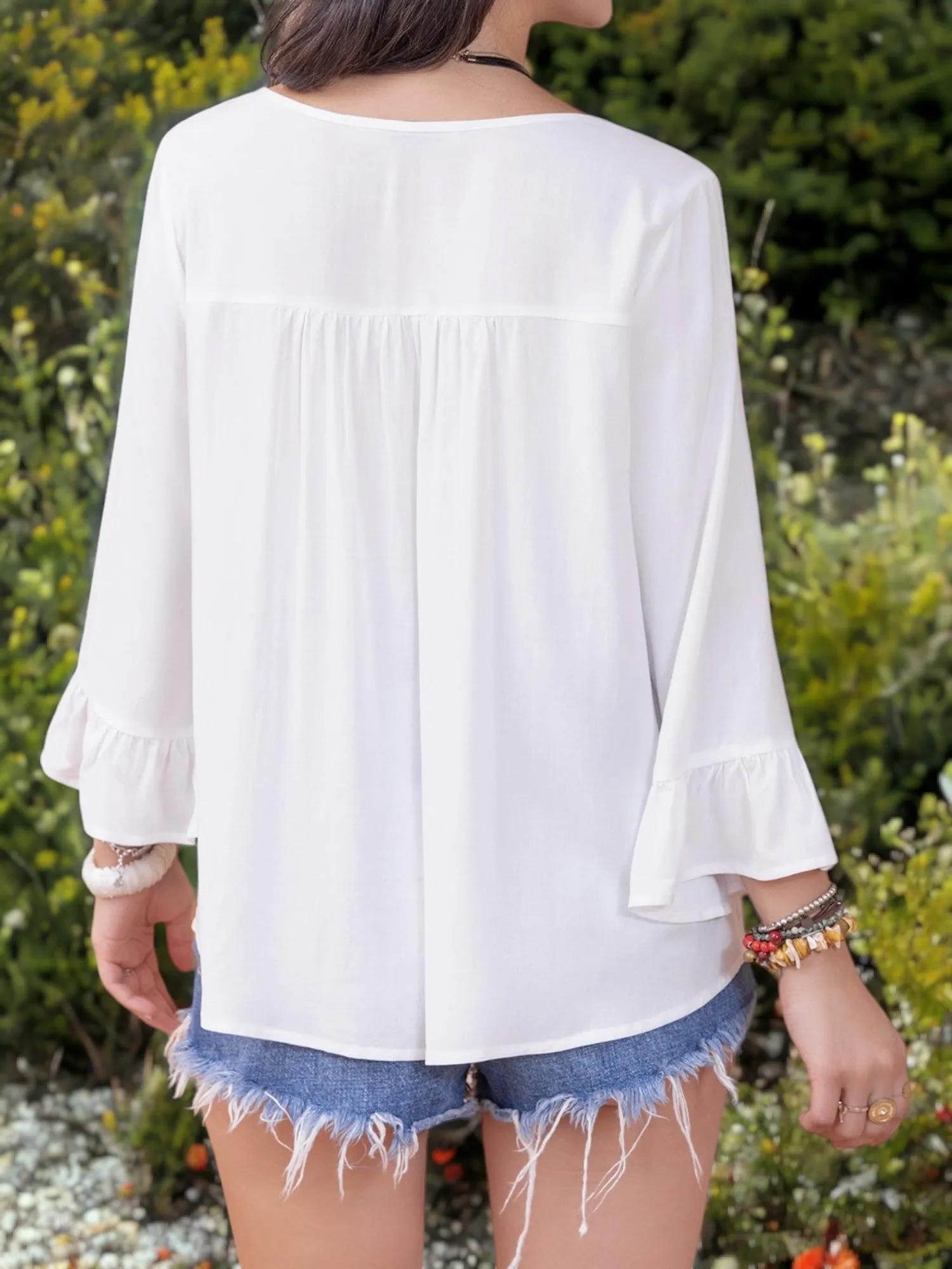 Bohemian Styled V-Neck Long Ruffled Flare Sleeved Lace Detailed Top