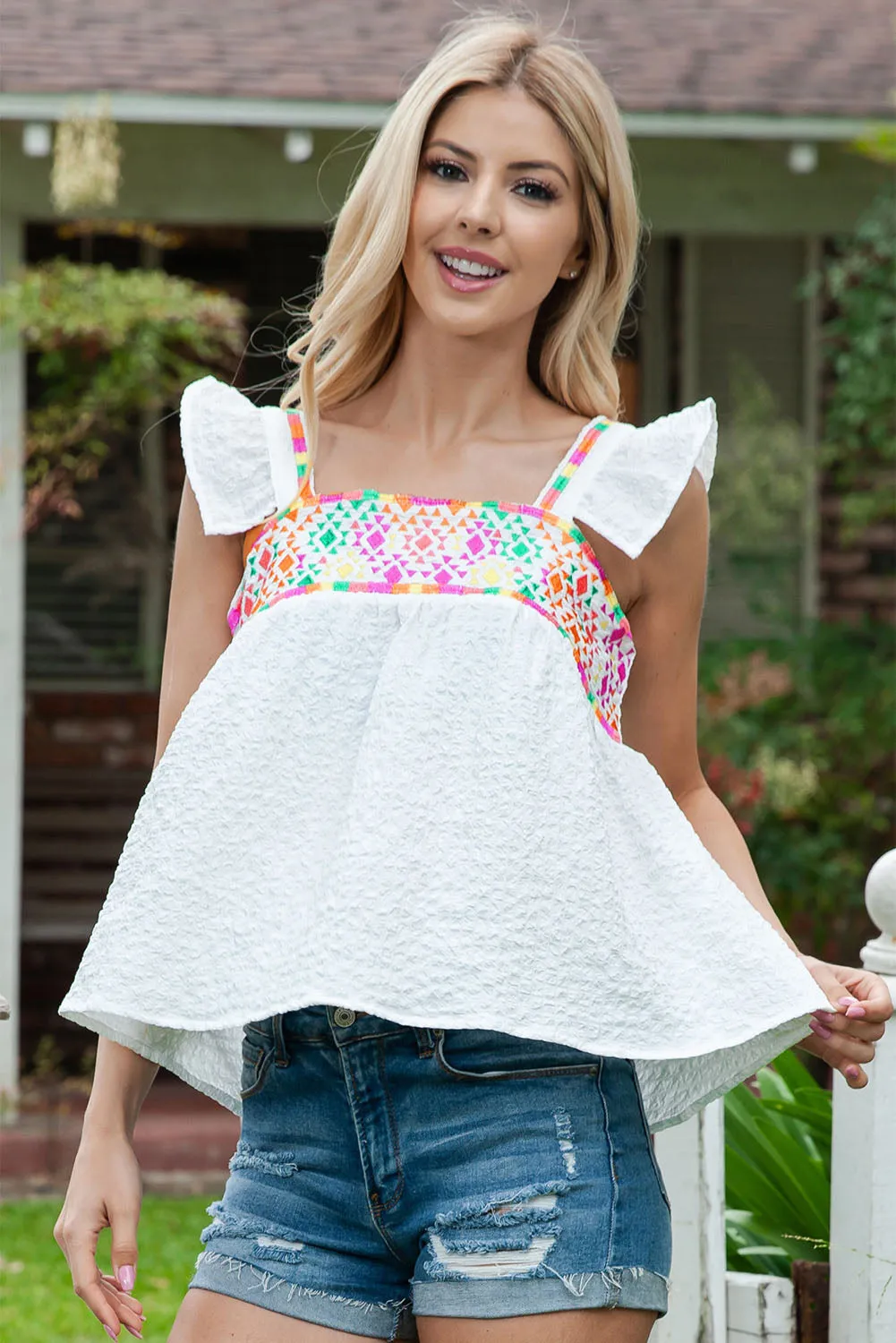 Boho Embroidered Peasant Contrast Square Neck Tank