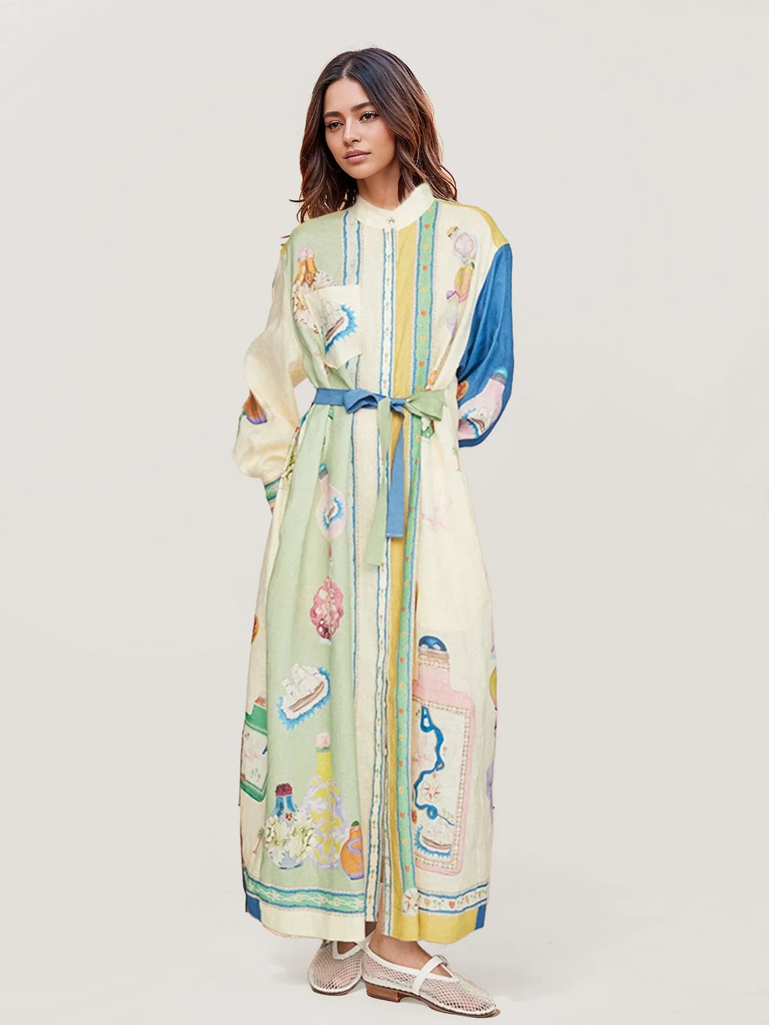 Boho Floral Print Maxi Dress with Waist Tie