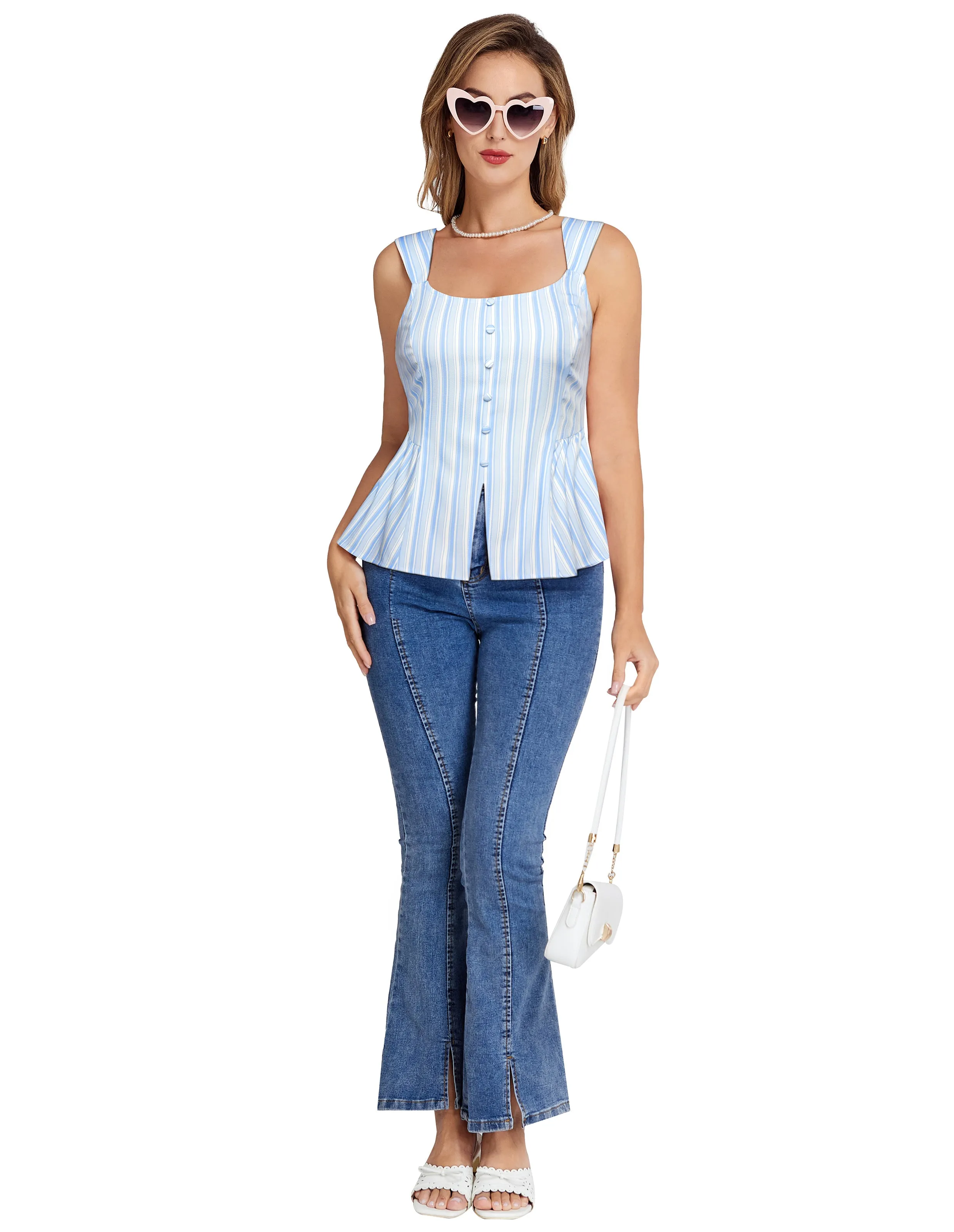 BP Women Vintage Striped Peplum Hem Tops Sleeveless Square Neck A-Line Tops