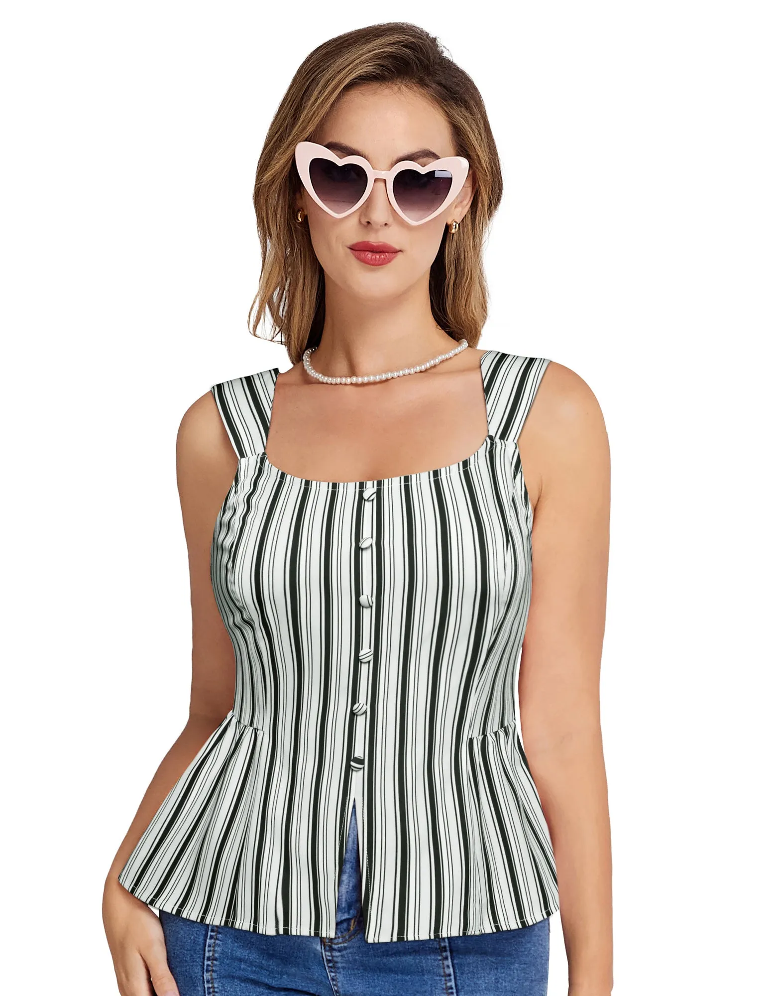 BP Women Vintage Striped Peplum Hem Tops Sleeveless Square Neck A-Line Tops