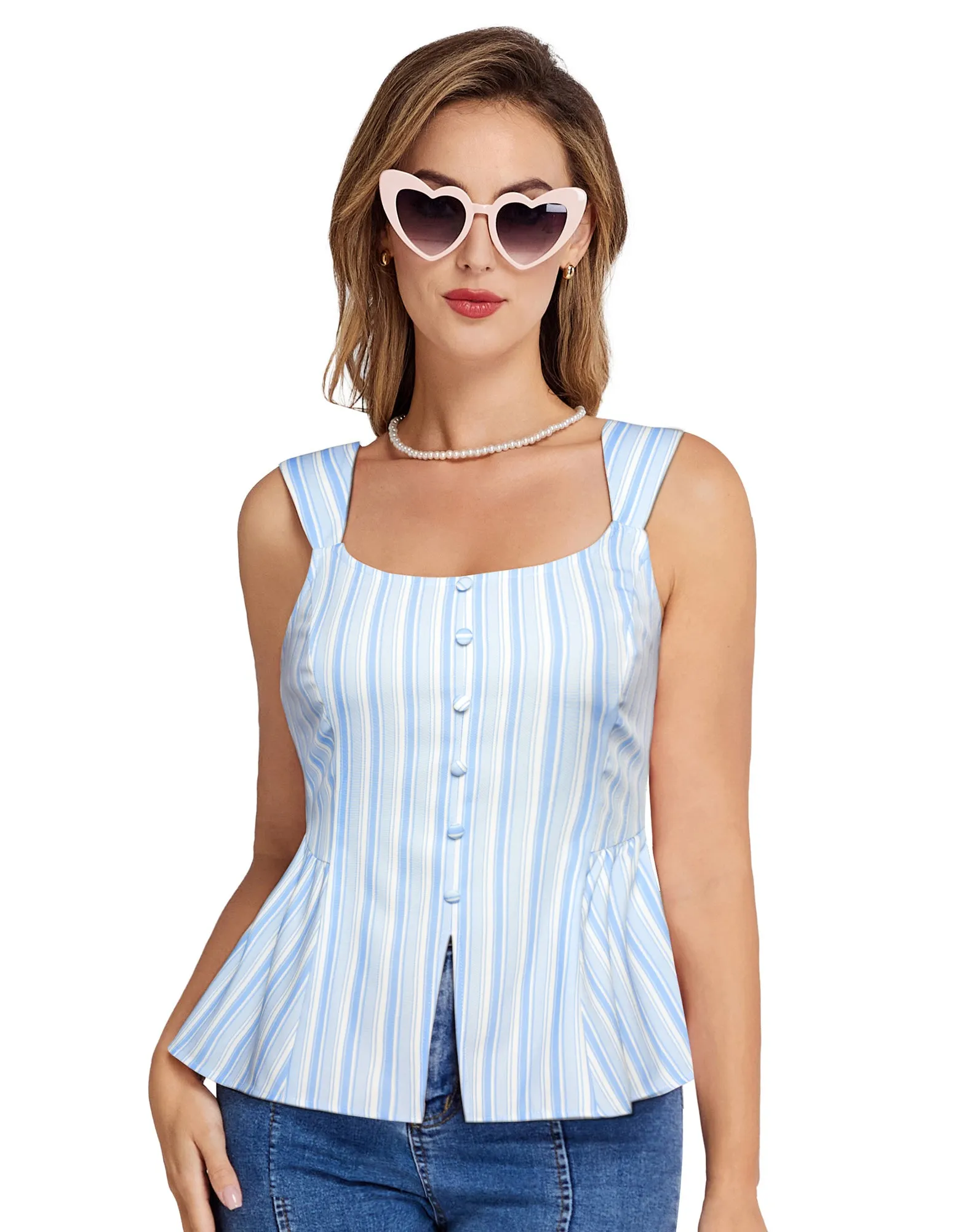 BP Women Vintage Striped Peplum Hem Tops Sleeveless Square Neck A-Line Tops