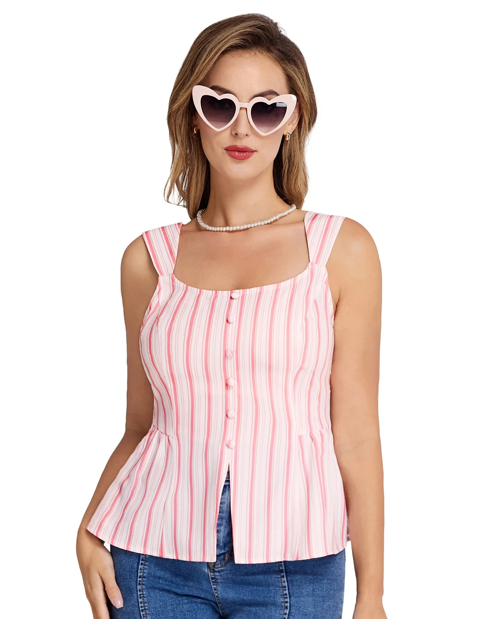 BP Women Vintage Striped Peplum Hem Tops Sleeveless Square Neck A-Line Tops