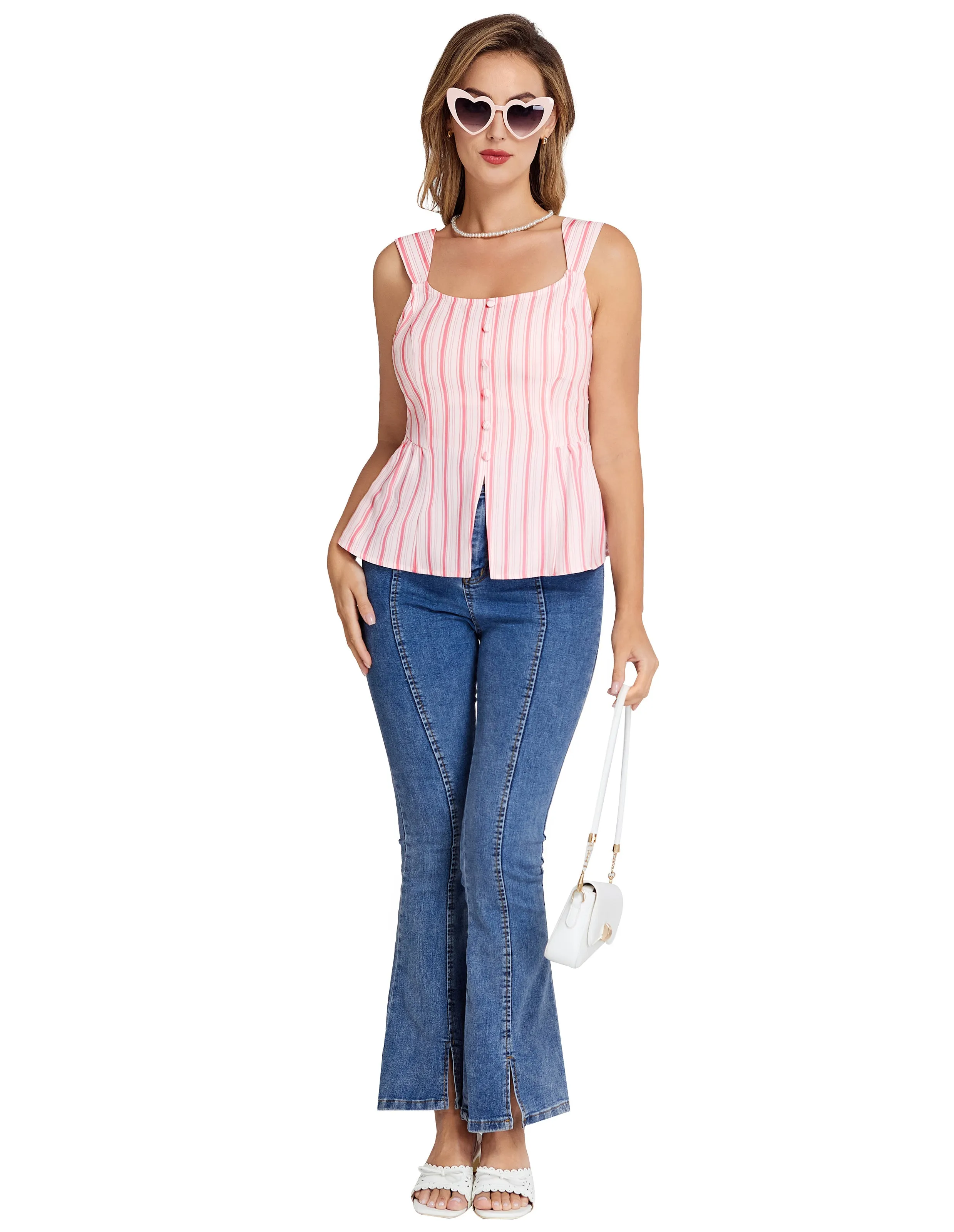 BP Women Vintage Striped Peplum Hem Tops Sleeveless Square Neck A-Line Tops