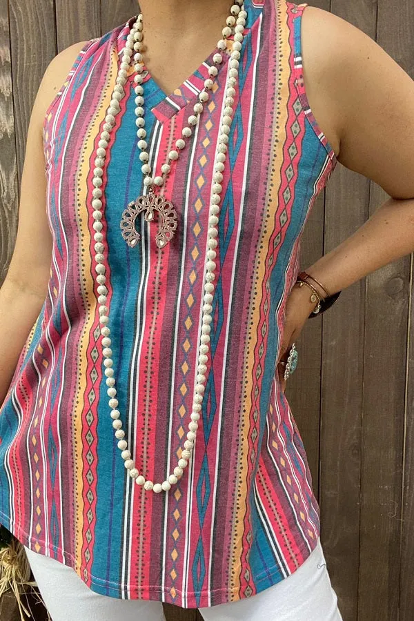 BQ14013 Aztec&Striped multi color printed sleeveless women tops