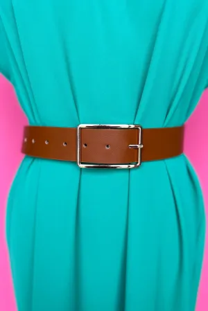 Brown Minimalist Gold Rectangle Buckle Belt