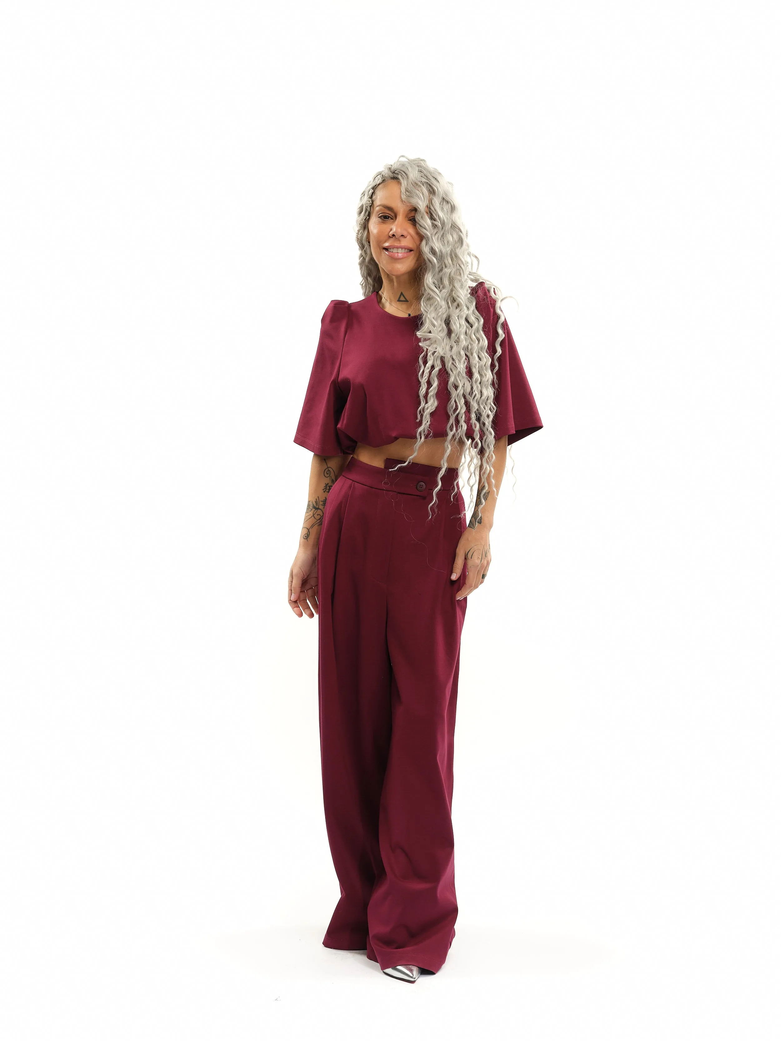Burgundy Crop Top & Slacks Co-Ord Set