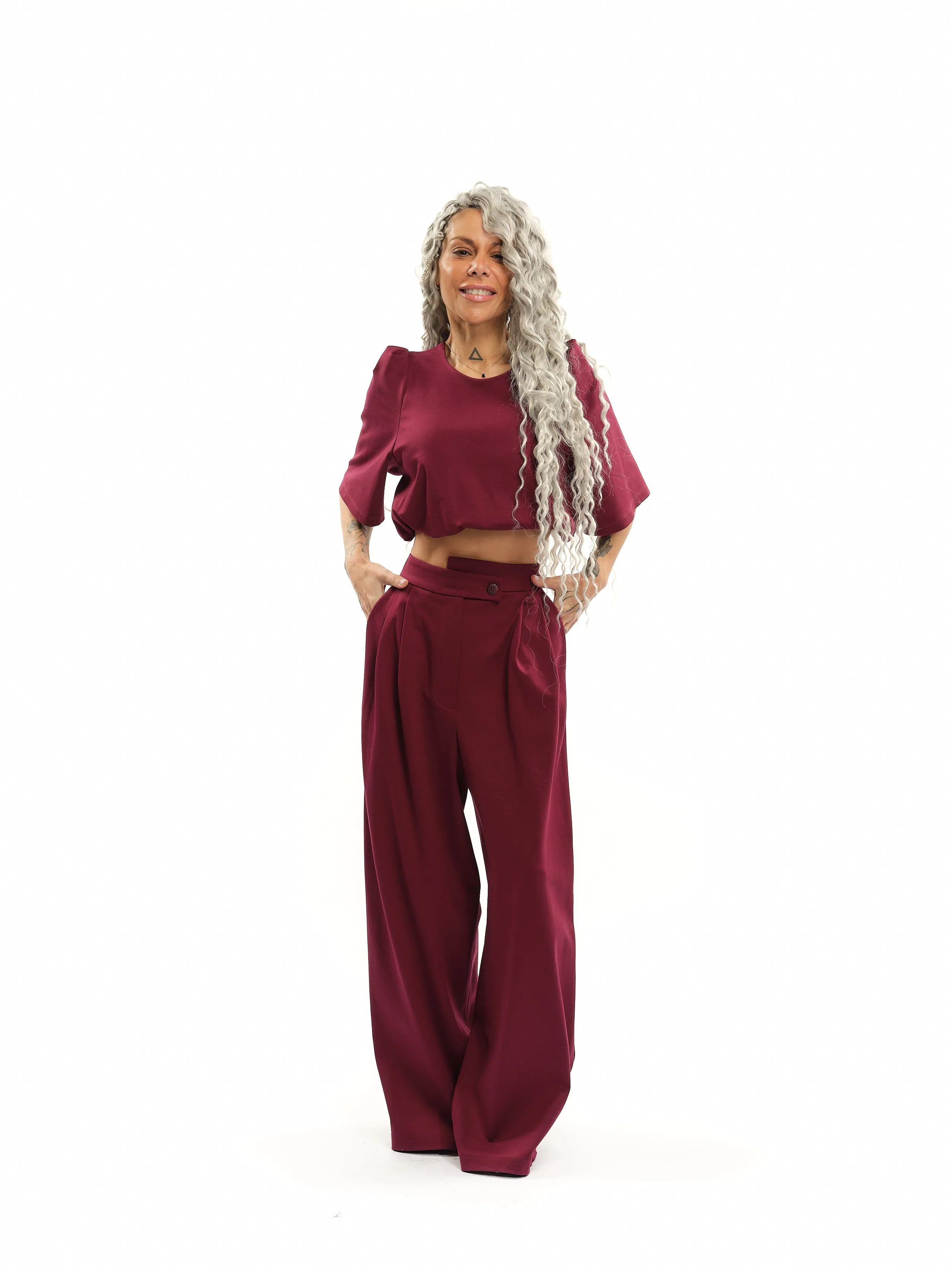 Burgundy Crop Top & Slacks Co-Ord Set