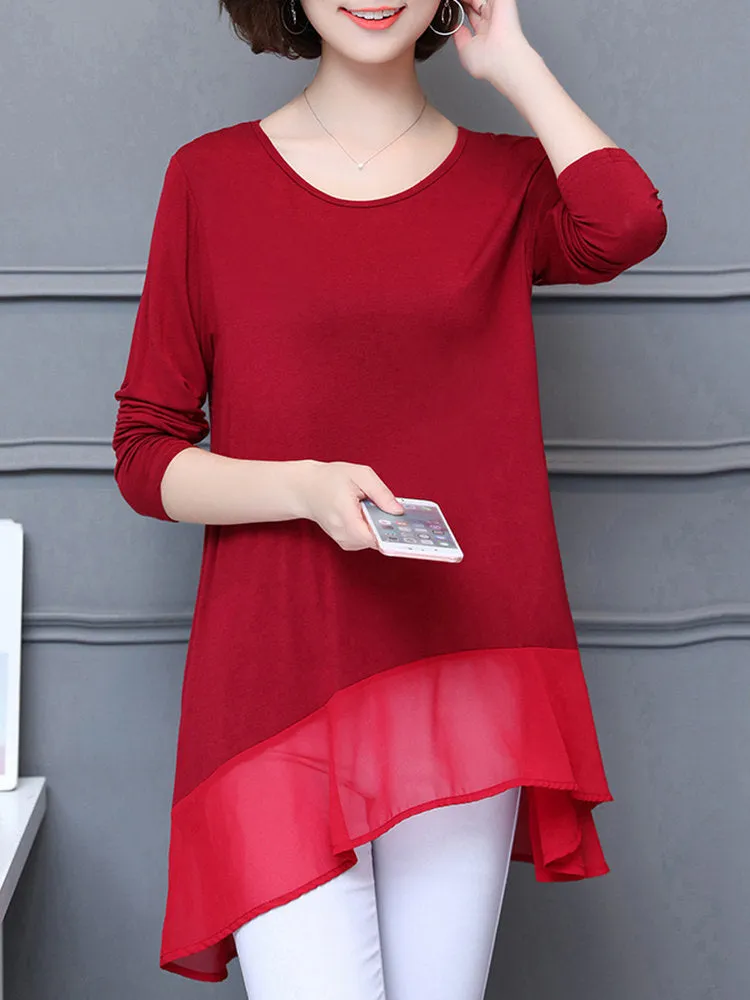 Casual Solid Chiffon Stitching Irregular Blouse