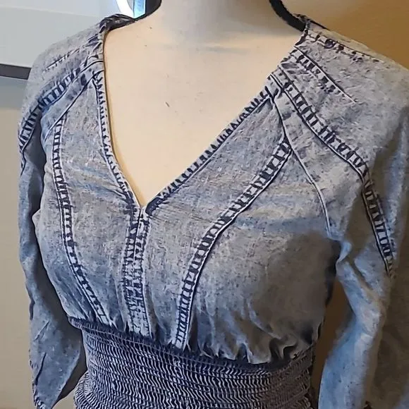 Chambray Bohemian Smocked & Cropped Blue Top