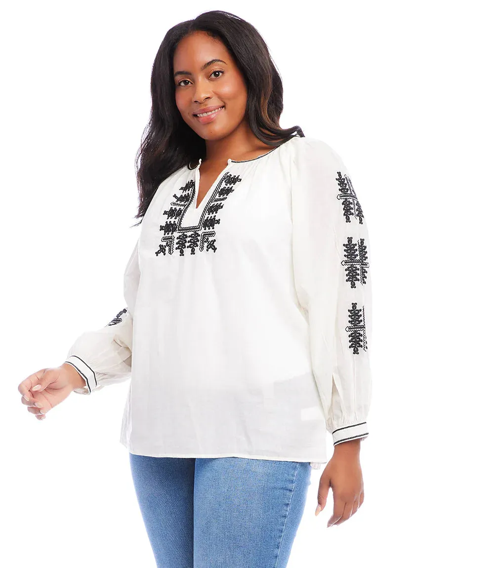 CHARLEE CREAM AND BLACK EMBROIDERED PEASANT TOP - KAREN KANE 1L70169
