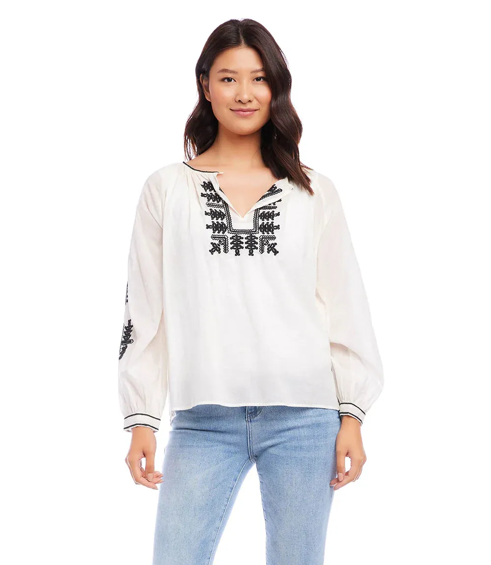 CHARLEE CREAM AND BLACK EMBROIDERED PEASANT TOP - KAREN KANE 1L70169