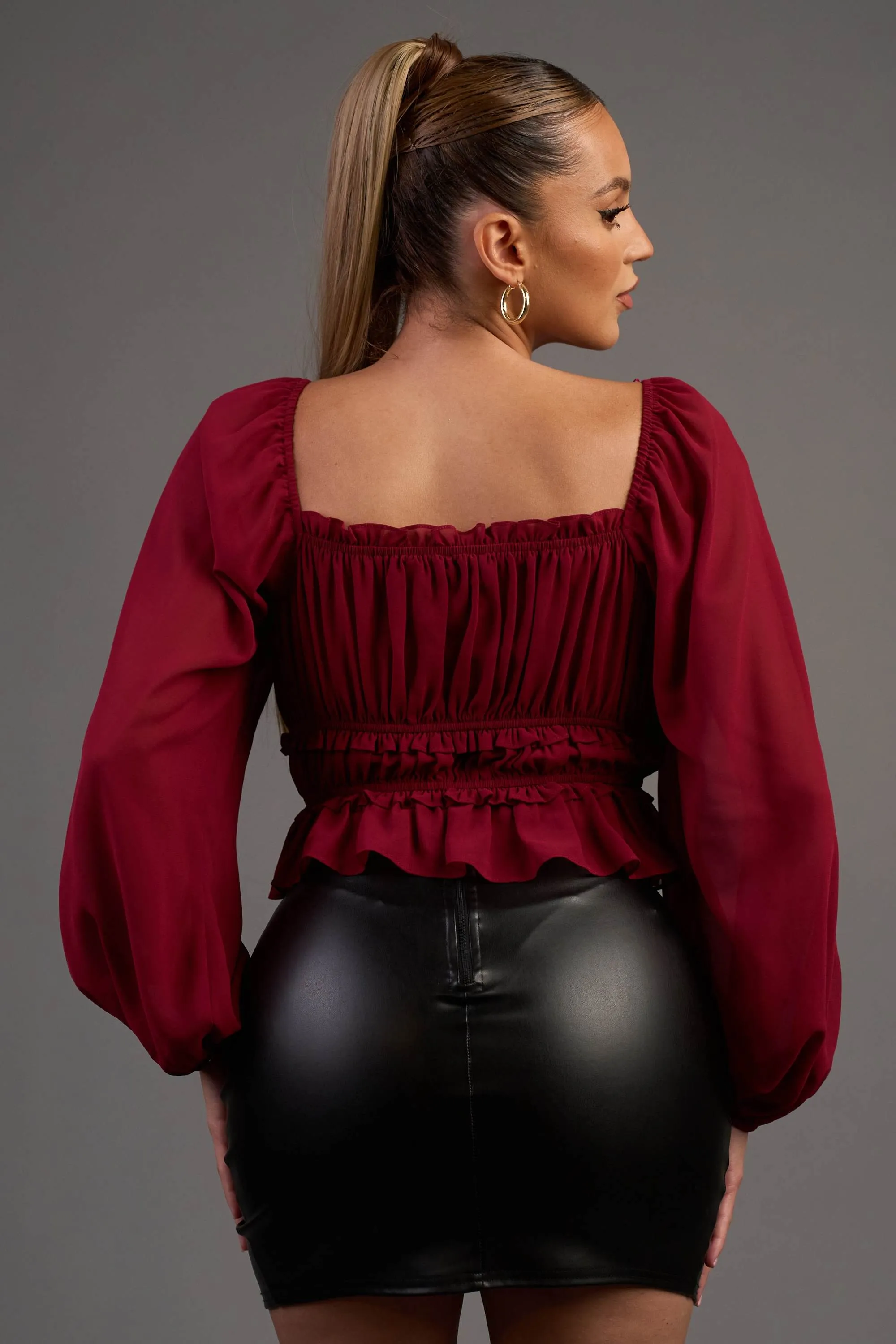 CHELSEA CHIFFON ROSETTE RUCHED RUFFLE PEASANT TOP