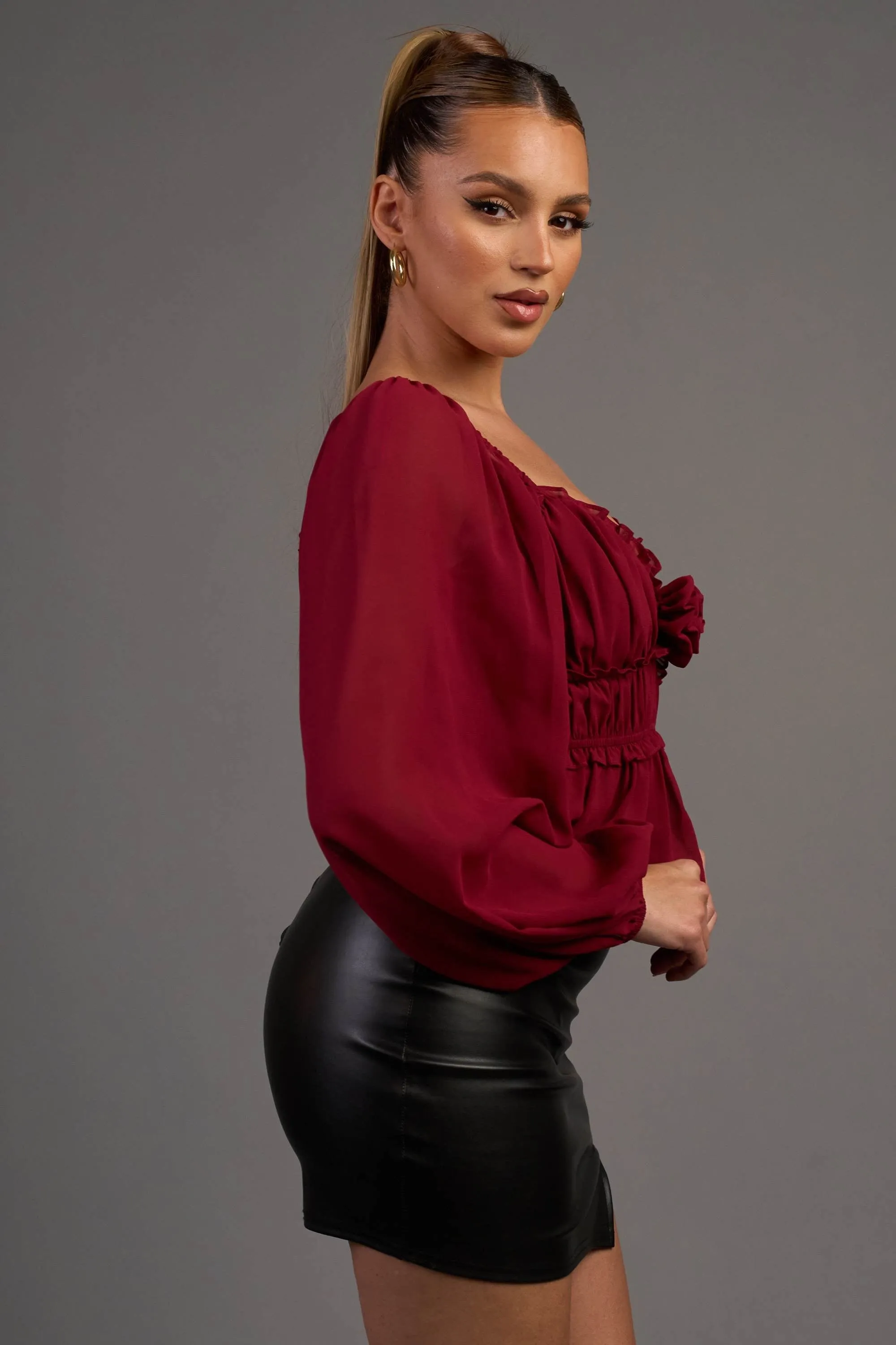 CHELSEA CHIFFON ROSETTE RUCHED RUFFLE PEASANT TOP