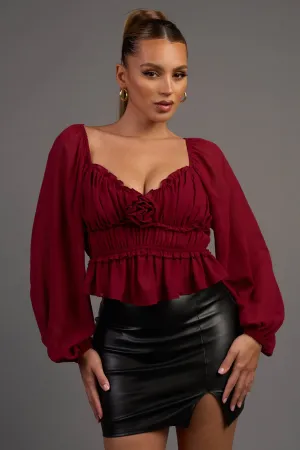CHELSEA CHIFFON ROSETTE RUCHED RUFFLE PEASANT TOP