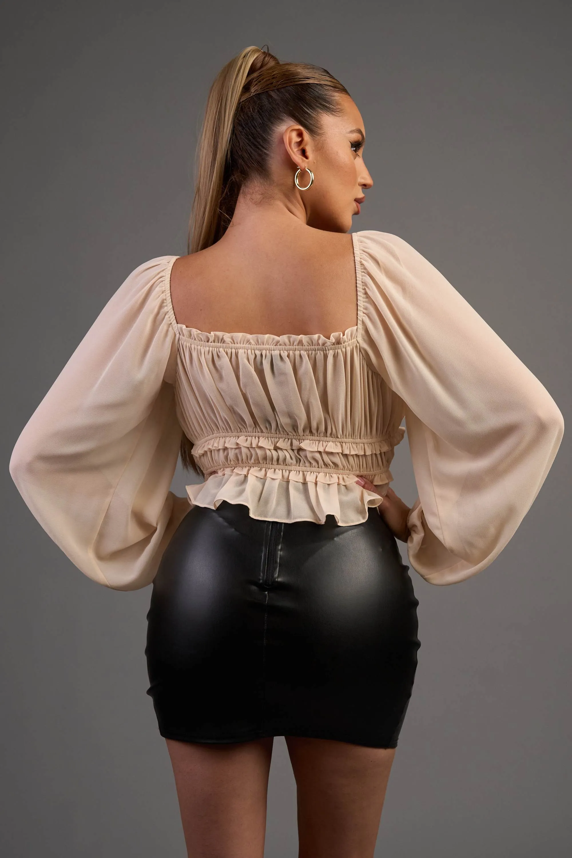 CHELSEA CHIFFON ROSETTE RUCHED RUFFLE PEASANT TOP