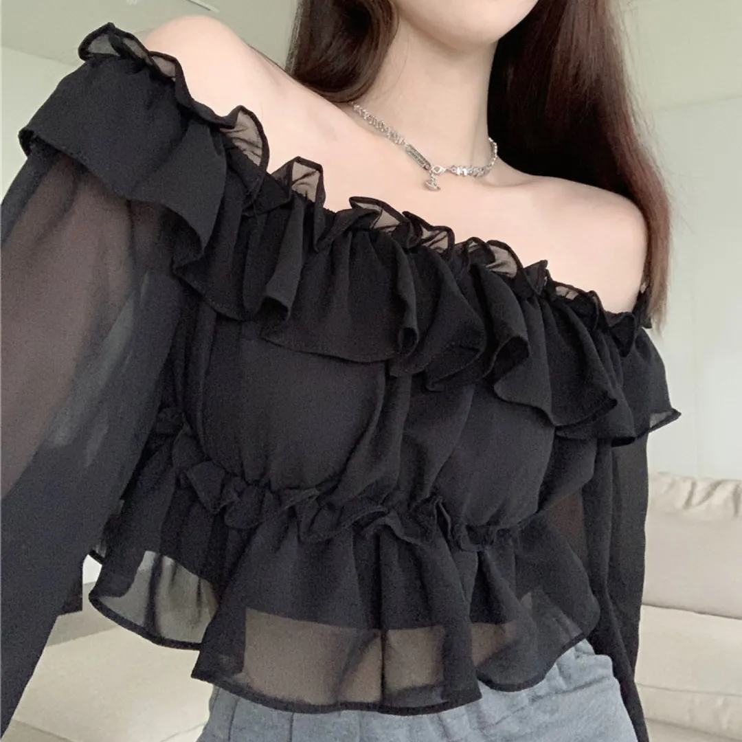 chiffon ruffle tops lf3069