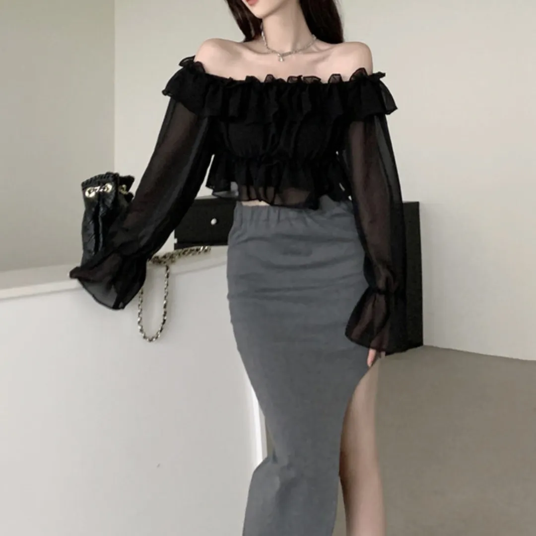 chiffon ruffle tops lf3069
