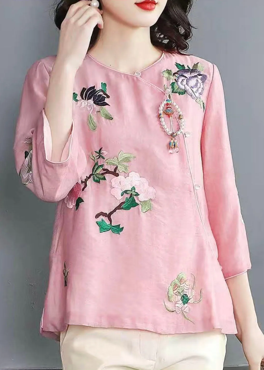 Chinese Style Pink Embroideried Patchwork Chiffon Tops Spring TP1052