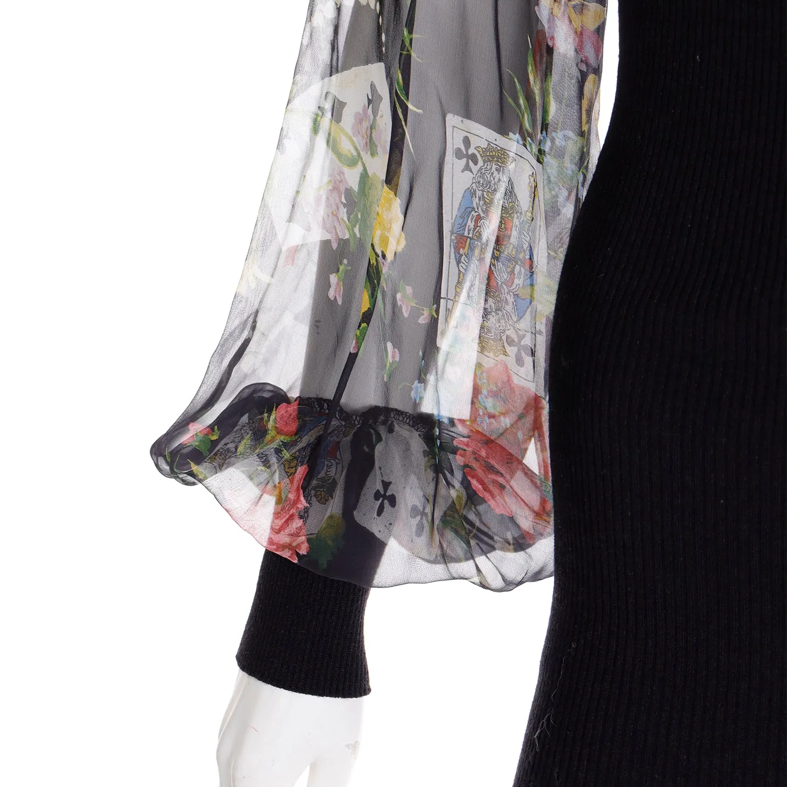 Christian Dior John Galliano 2002 Playing Card Floral Print Chiffon & Knit Top