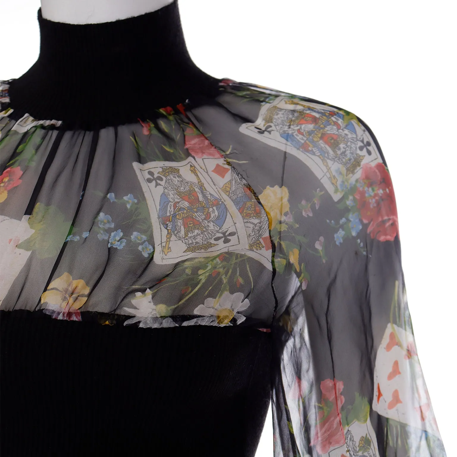 Christian Dior John Galliano 2002 Playing Card Floral Print Chiffon & Knit Top