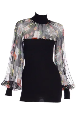 Christian Dior John Galliano 2002 Playing Card Floral Print Chiffon & Knit Top