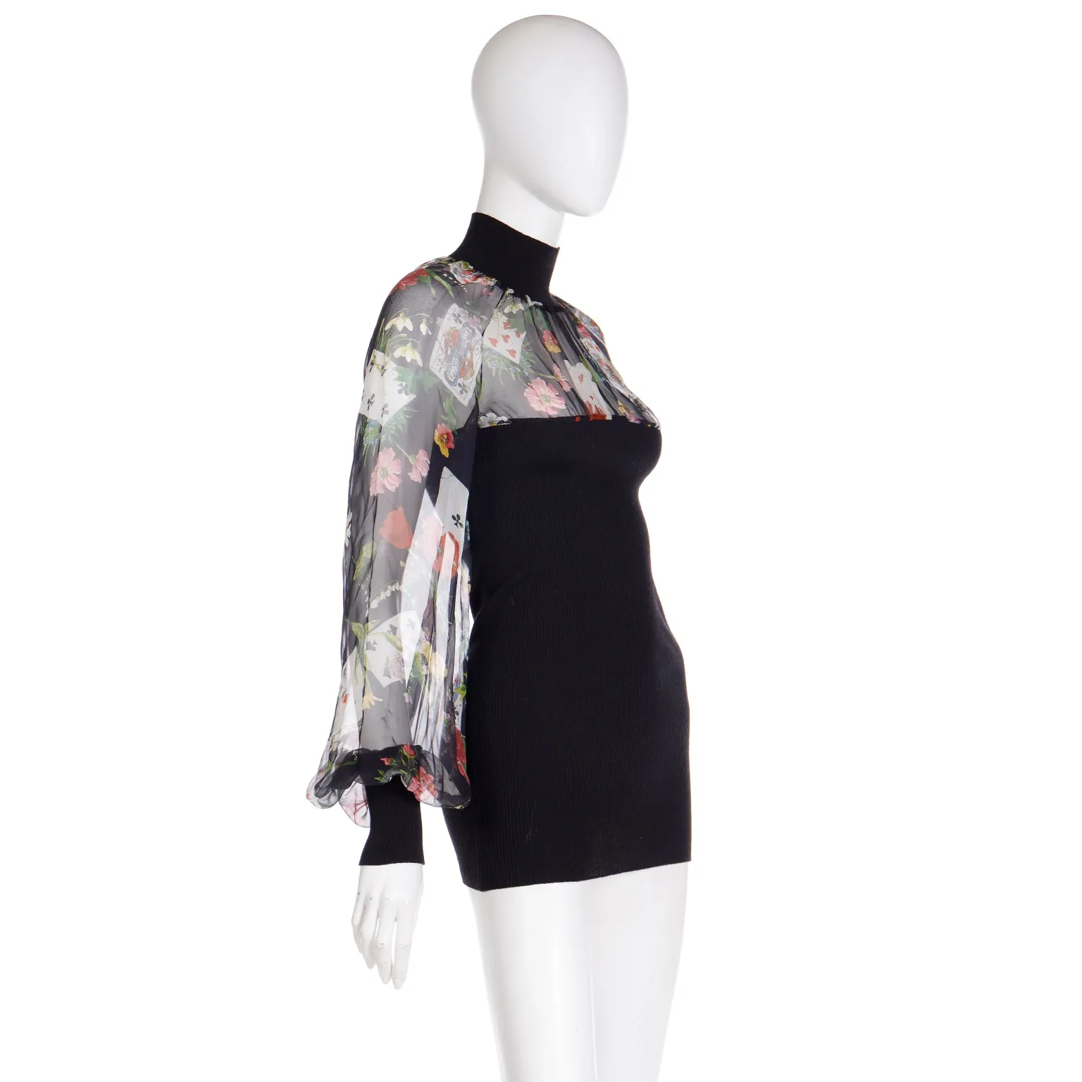 Christian Dior John Galliano 2002 Playing Card Floral Print Chiffon & Knit Top