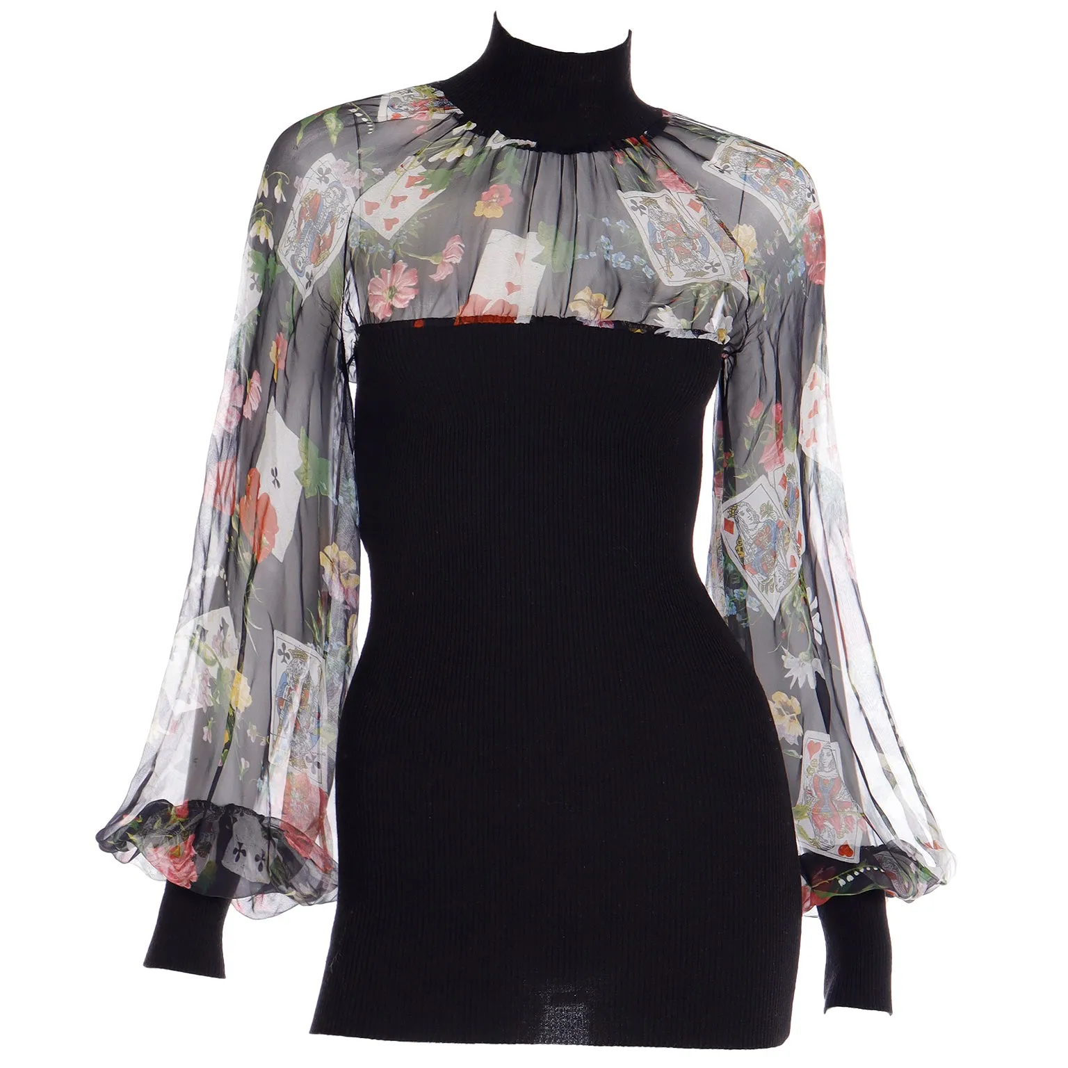 Christian Dior John Galliano 2002 Playing Card Floral Print Chiffon & Knit Top