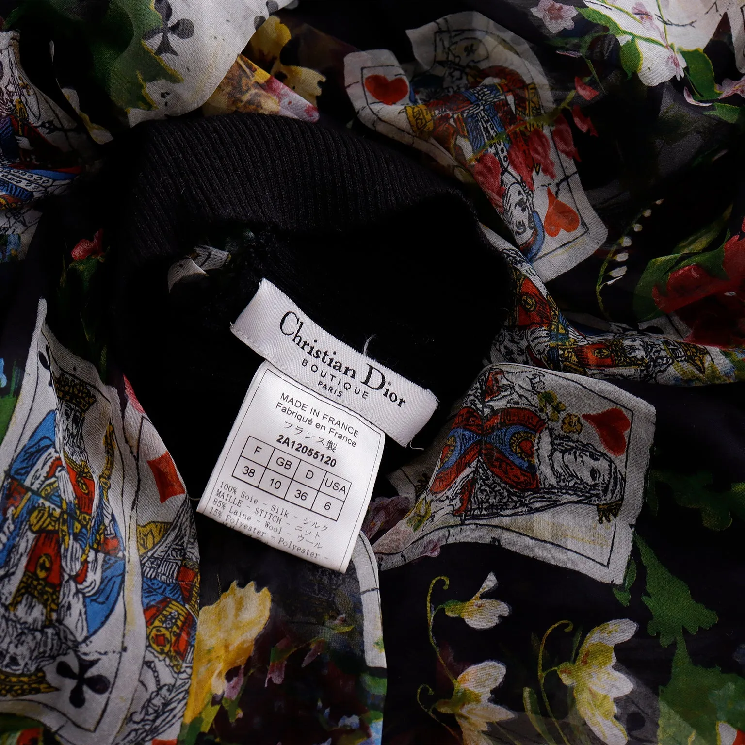 Christian Dior John Galliano 2002 Playing Card Floral Print Chiffon & Knit Top