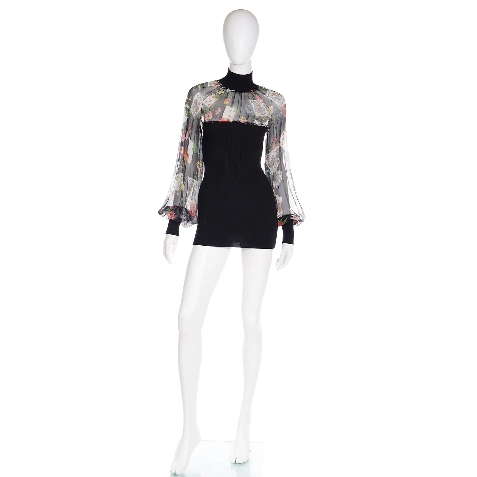Christian Dior John Galliano 2002 Playing Card Floral Print Chiffon & Knit Top