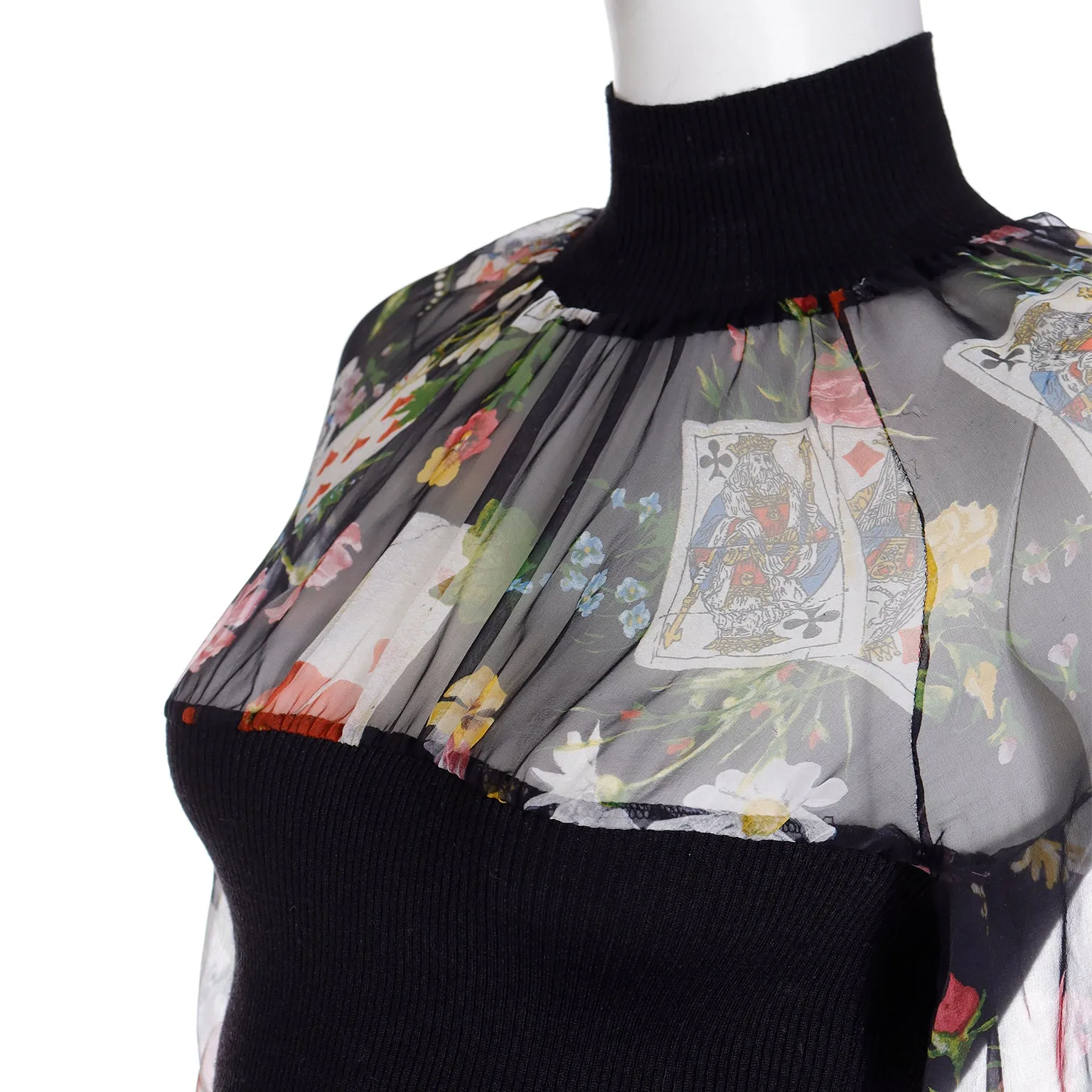 Christian Dior John Galliano 2002 Playing Card Floral Print Chiffon & Knit Top