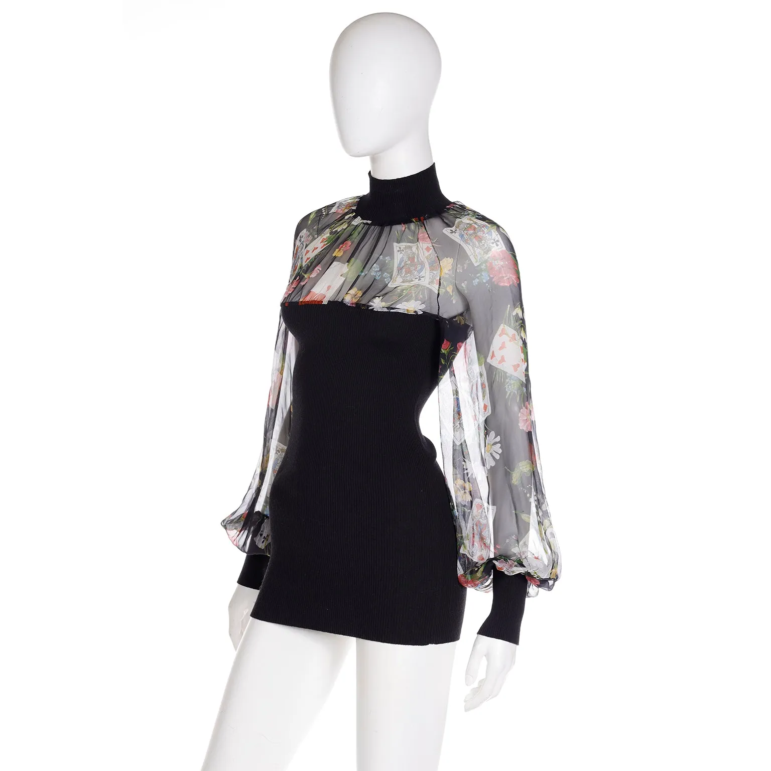 Christian Dior John Galliano 2002 Playing Card Floral Print Chiffon & Knit Top