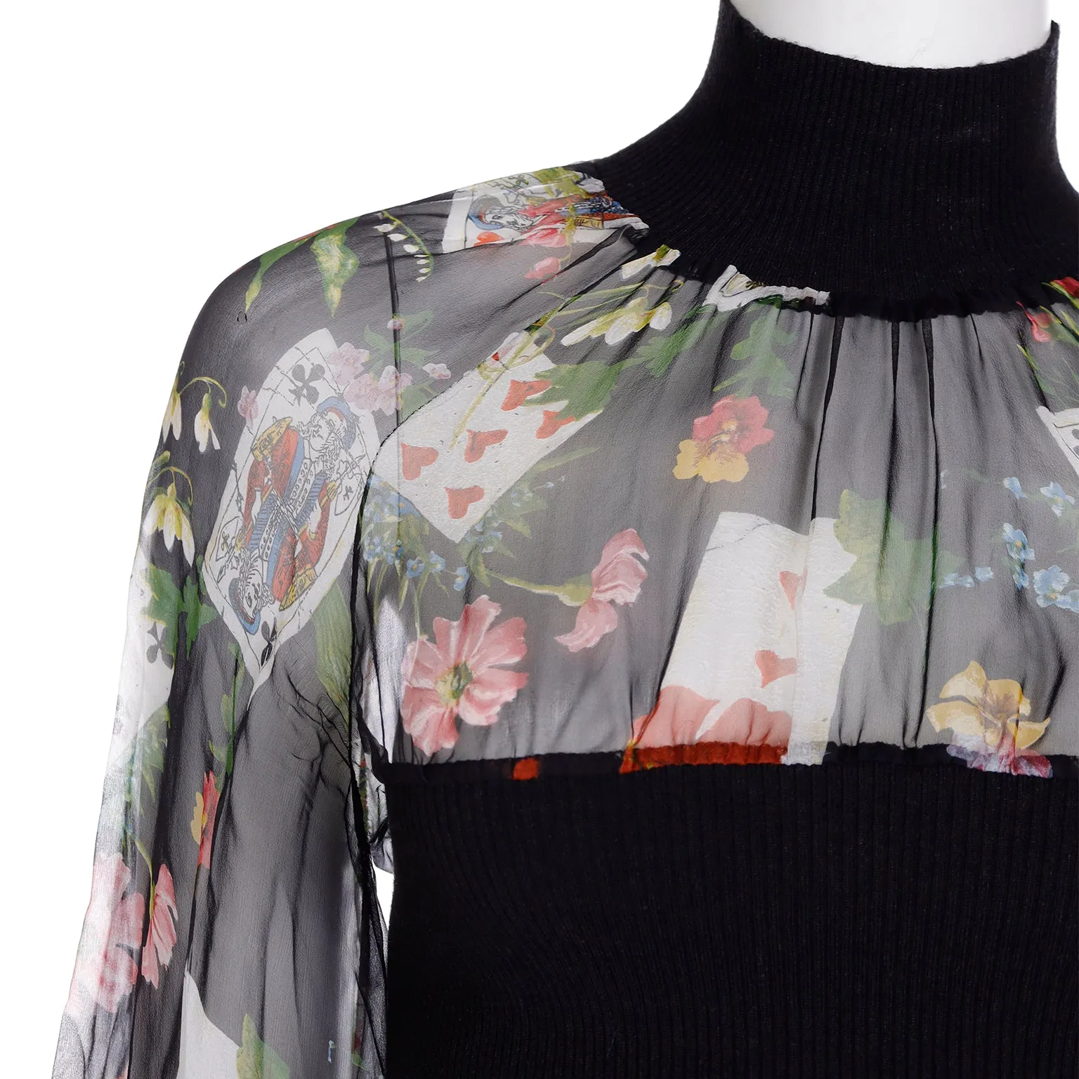 Christian Dior John Galliano 2002 Playing Card Floral Print Chiffon & Knit Top