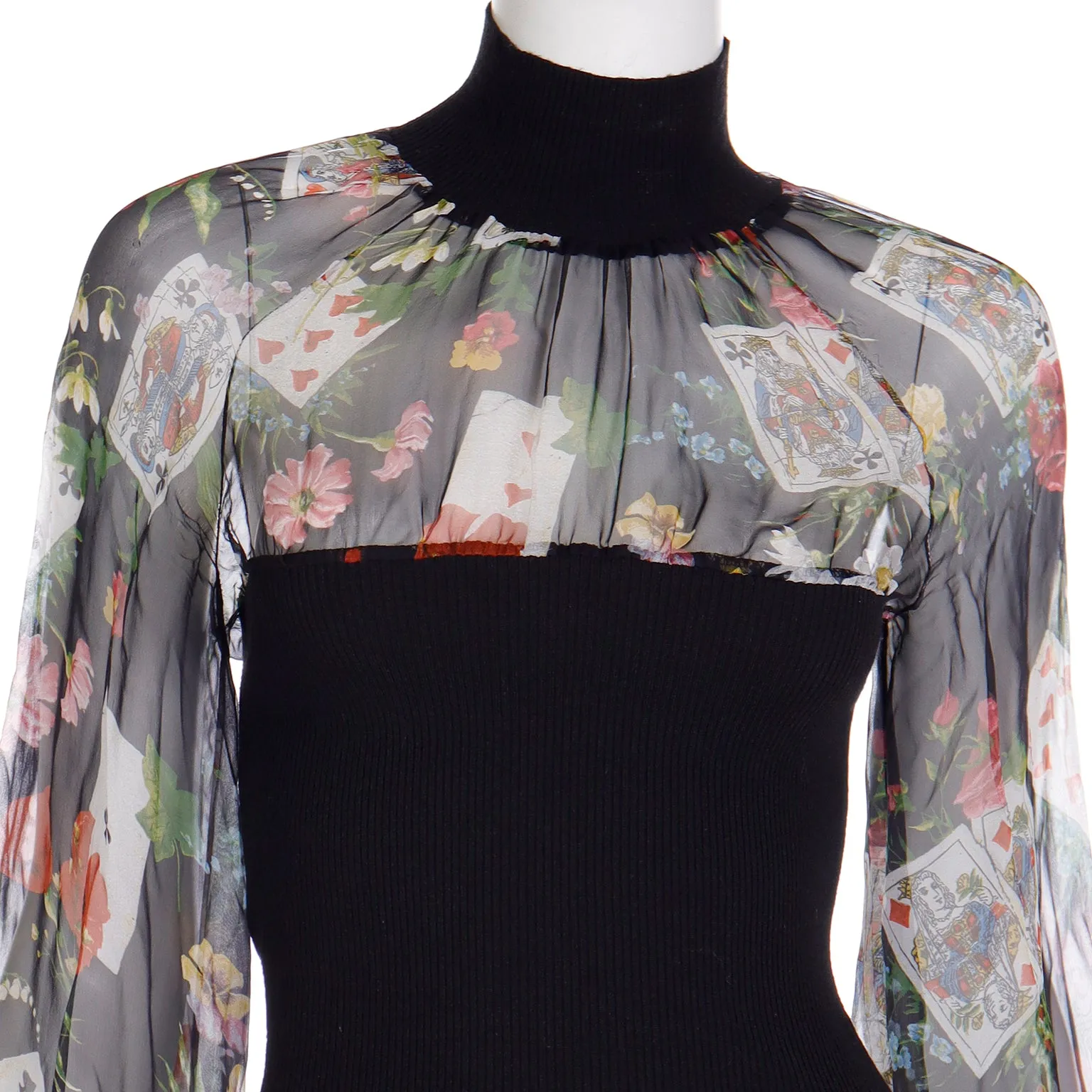 Christian Dior John Galliano 2002 Playing Card Floral Print Chiffon & Knit Top