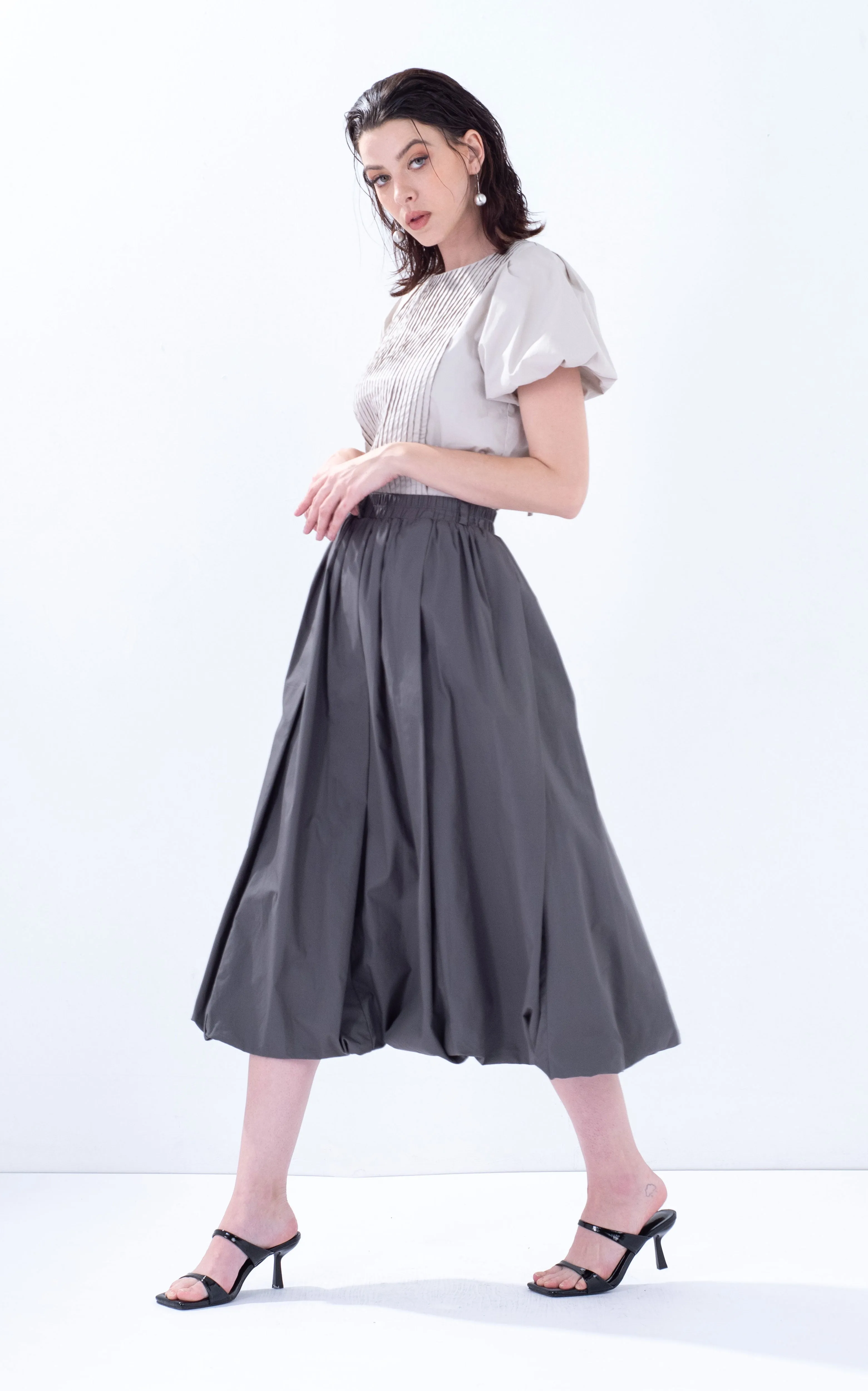Cotton Balloon Midi Skirt