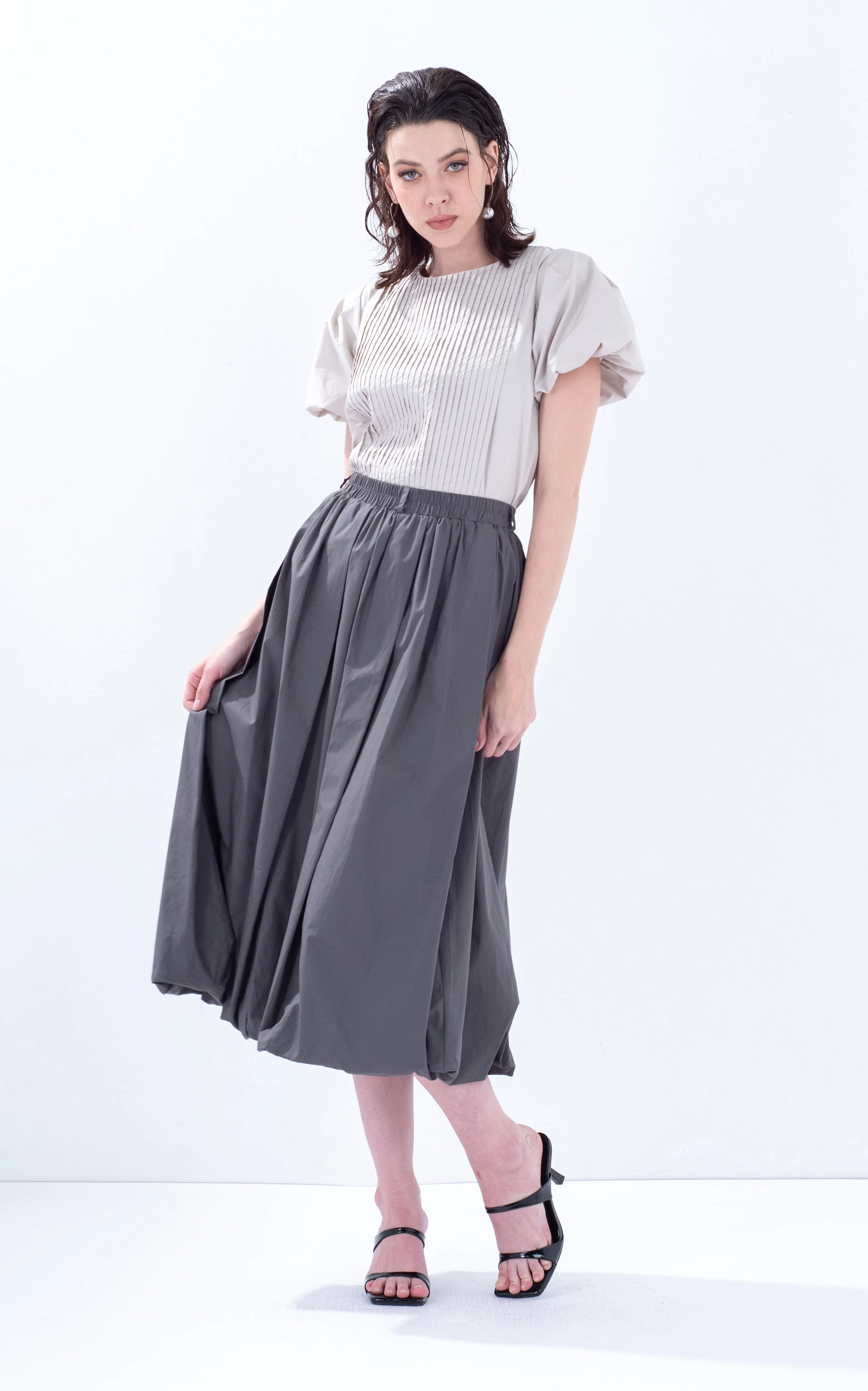 Cotton Balloon Midi Skirt
