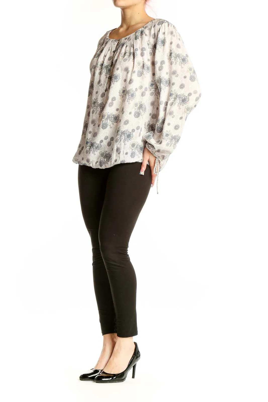 Cream Floral Print Peasant Blouse