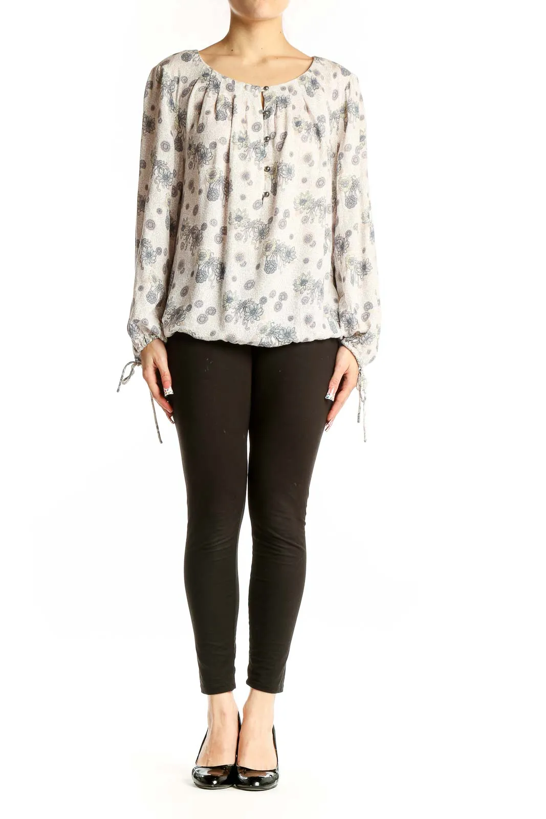 Cream Floral Print Peasant Blouse
