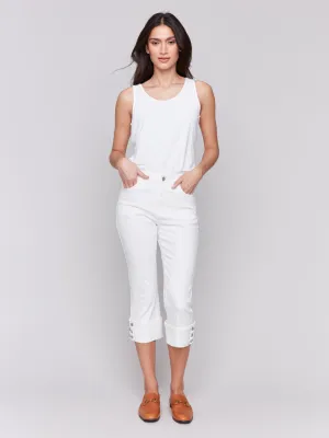 Cropped Twill Jeans with Snap Button Cuff Detail - White